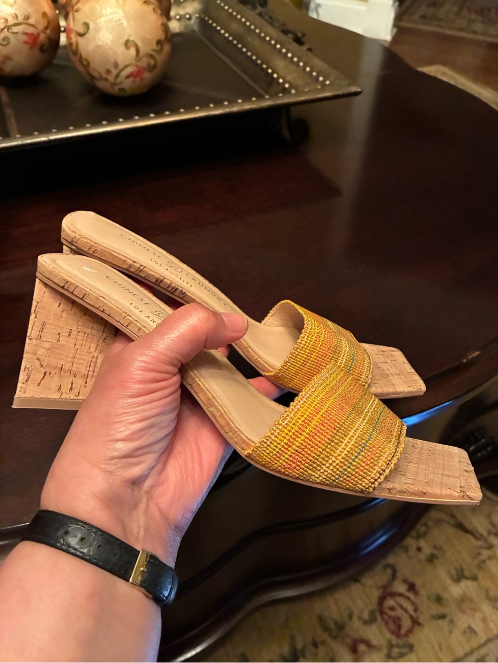 Yellow Woven Cork-Heel Slide Sandals - Women. Size 8